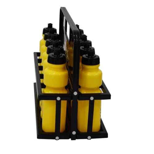 SAS SPORTS Folding Water Bottle Carrier with 10 Yellow Sports Sipper Water Bottle | Camping Cricket Soccer Football Water Bottle Foldable Storage Rack | Team Sports Water Bottle Holder (Black)