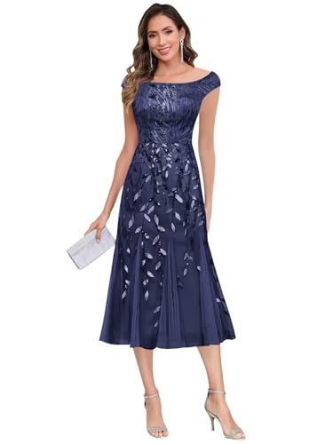 Lace Appliques Mother of The Bride Dress Tea Length Mermaid Sequin Off Shoulder Formal Evening Gowns