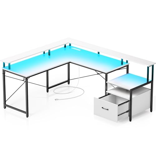 Rolanstar Computer Desk with File Drawer, 64" L Shaped Desk with Power Outlet & LED Strip, L Shaped Computer Corner Desk with File Cabinet, Gaming Desk with Monitor Shelf, Home Office Desk, White