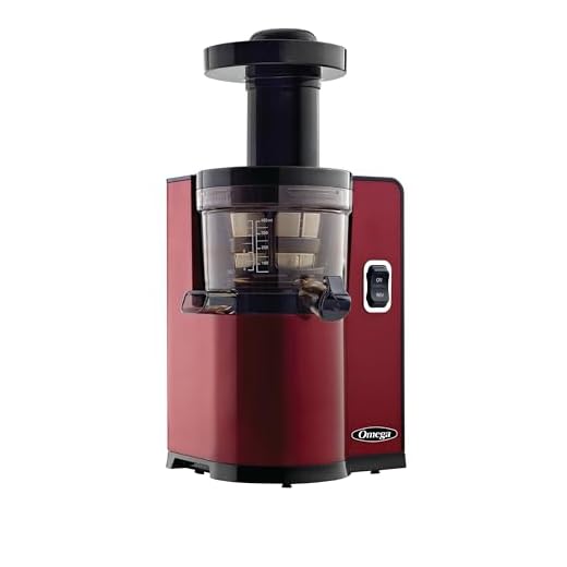 Omega VSJ843QR Vertical Masticating Juicer, 43 RPM Compact Cold Press Juicer Machine with Automatic Pulp Ejection, 150 W, Red