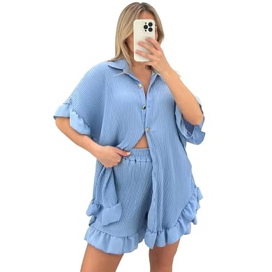 Ensemble plissé 2 pièces femme : chemise à volants élégante taille 34 au 44