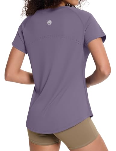 Loovoo Athletic Tops for Women Workout Tops Short Sleeve Gym Shirts Quick Dry Breathable Fitness Shirt Gray Purple M