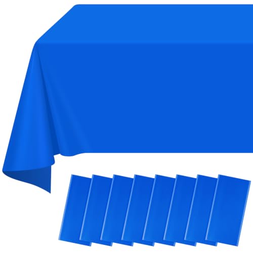 Image of 8 Pack Blue Plastic Tablecloth for Rectangle Tables, Premium Decorative Royal Blue Disposable Table Cloths for Parties, Rectangle Party Table Cover for Birthday, Wedding, Anniversary, 54 x 108 Inch