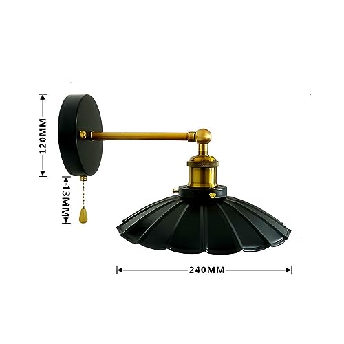 Image of Industrial Black Wall Sconce Light, Vintage 1-Light Switch Farmhouse Wall Lamp, Pull Chain Wall Sconce Lighting for Bedroom Bathroom Kitchen Hallway Living Room (Black + Gold)