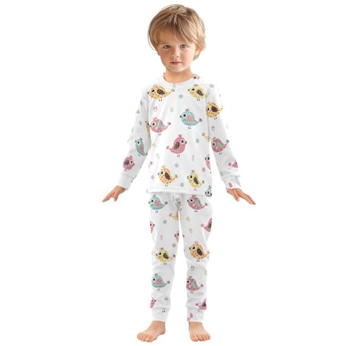 Pajama Sets Long Sleeve Cute Colorful Birds on White Soft Comfy Sleepwear 2 Piece PJS 3-8T2