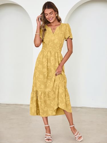Image of Simplee Womens Summer Boho Maxi Dress Semi Formal Wedding Guest Short Sleeve V Neck Empire Waist Floral Long Dresses