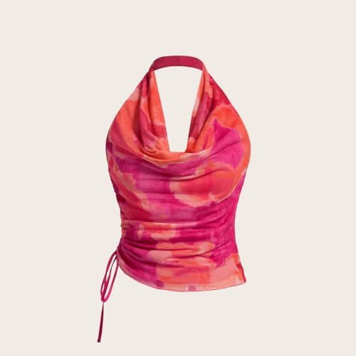 SHENHE Women's Tie Dye Halter Neck Draped Front Ruched Drawstring Backless Crop Top3