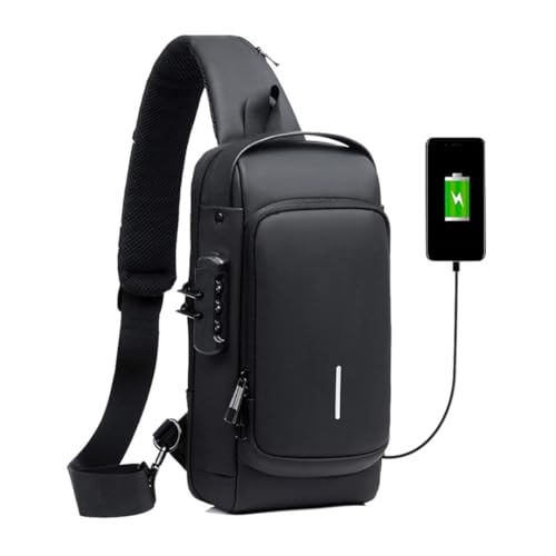 Mochila Transversal Masculina Mochila Feminina Unissex com cadeado à prova d'água anti-roubo bolsa com porta de carregamento USB bolsa de ombro Impermeável Acabamento Premium - Steel Hook (Preto)
