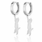 QELUNA Pendientes gato plata mujer – aros delicados con gato colgando, colección Natura, pendientes originales para chica joven, baño de rodio, regalo para amantes de los gatos