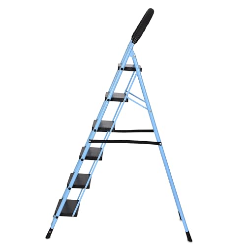Image of FLIPZON Premium Foldable 6-Step Foldable Ladder - Anti-Slip, Heavy-Duty Design for Indoor & Outdoor Use (Iron Ladder, Black & Sky Blue)