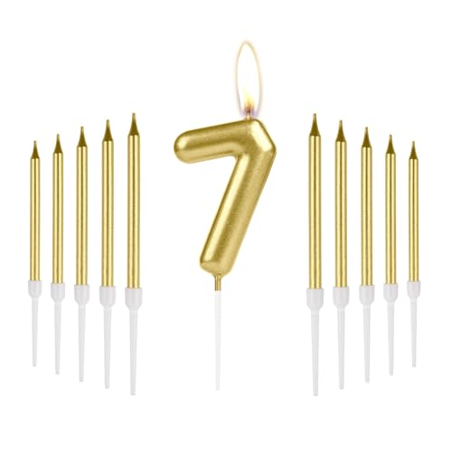 iNINGER Gold 7th Birthday Number Candles - Long Stick Candles for Cake, Cupcake Toppers - Perfect for Girl Boy Birthday Parties, Weddings & Anniversaries