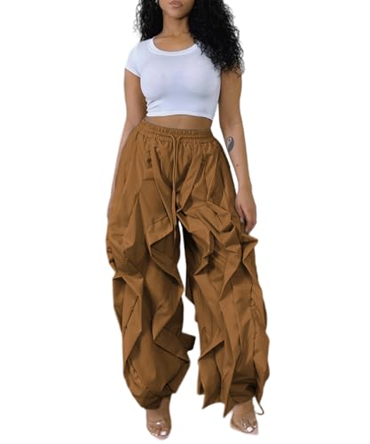 knowfashionstyle Cargo Pants for Women Baggy Loose Fit Y2K Casual Pant Drawstring Wide Leg Streetwear Sweatpants Coffee L
