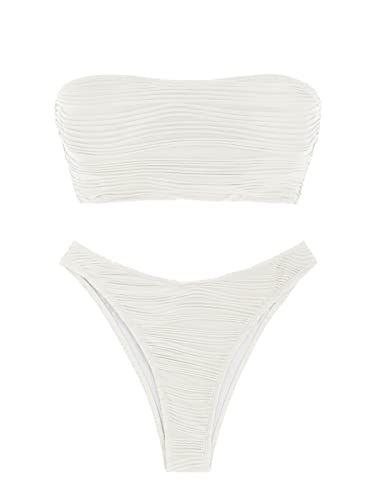 ZAFUL Women Strapless Textured Bandeau Bikini 2 Piece Swimwear Cheeky Solid Lace up Bathing Suits4