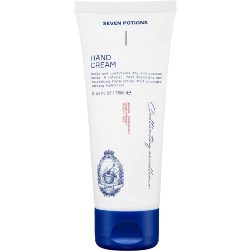 Seven Potions Crema de manos totalmente natural para manos secas y agrietadas, 75 ml, no grasosa, ligera, hidratación duradera, impregnada con manteca de karité, aloe vera, apta para viajes, vegana,