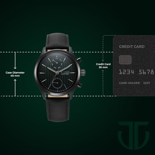Image of Titan Sapphire Quartz Multifunction Green Dial Black Leather Strap Watch for Men - NT1874NL01
