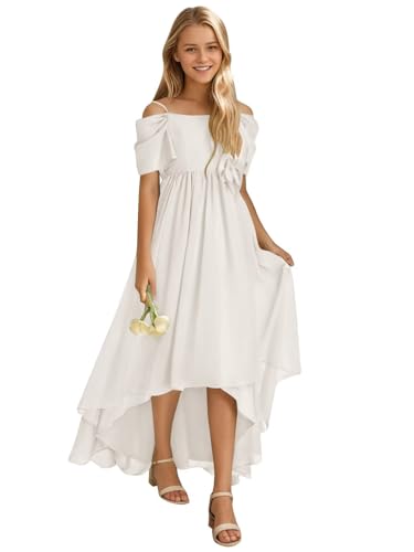 POMUYOO Cold Shoulder Junior Bridesmaid Dress for Wedding High Low Chiffon Teen Girls Party Pageant Gowns YG340