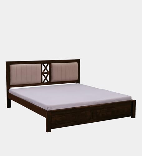 Image of EXCEL International Solid Sheesham Wood Queen Size Bed Without Storage | Wooden Double Bed & Upholstered Cushined Headboard for Bedroom | Rosewood, Provincial Teak Finish