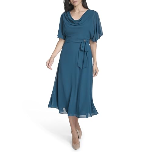 Jessica Howard Women's Short Sleeve Cowl Neck Belted Chiffon Blouson Midi Dress, Teal, 16