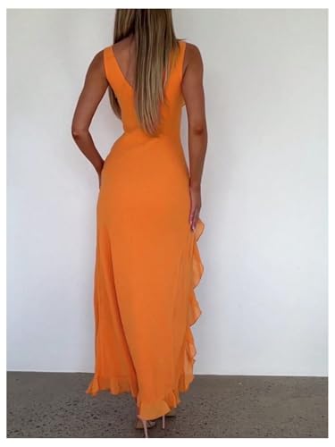 Image of SOLY HUX Women's Sleeveless V Neck Ruffle Trim Split Hem Dress Bodycon Long Dresses