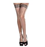 GAYLOP Lange Latexstrümpfe mit Streifen an der Oberseite und Besatz auf der Rückseite, halterlose Strümpfe aus Gummi, transparent und schwarz, L