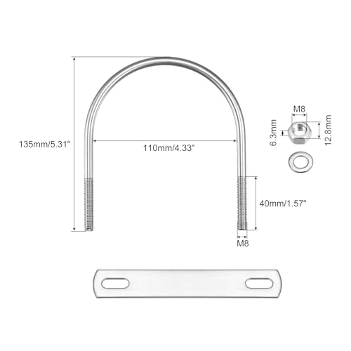Image of uxcell Round U-Bolts, 2 Sets 110mm(4.33 inch) Inner Width 135mm Length M8 304 Stainless Steel U Clamp Bolt with Nuts Washers and Plates, for Boat Trailer
