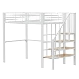 Hochbett 140 x 200 Stabile Metallkonstruktion mit geräumigem Stauraum unter dem Bett und Treppe Ideal für Kinder und Erwachsene Stauraumbett für maximale Platzeffizienz (Weiß)