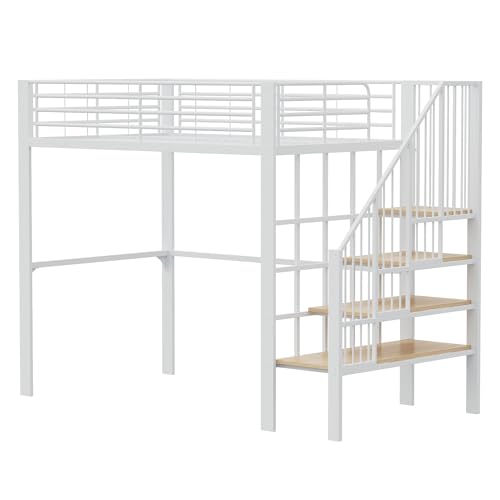 Hochbett 140 x 200 Stabile Metallkonstruktion mit geräumigem Stauraum unter dem Bett und Treppe Ideal für Kinder und Erwachsene Stauraumbett für maximale Platzeffizienz (Weiß)