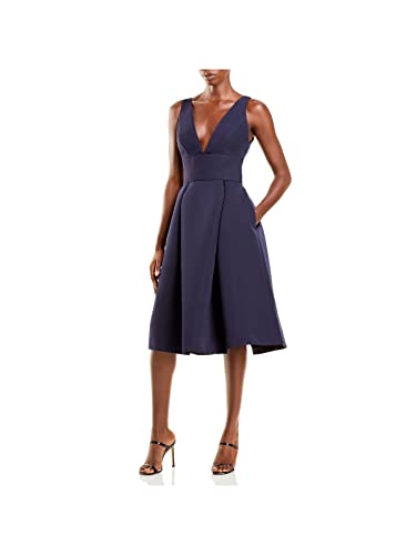 Amsale Womens Navy Zippered Textured Button Detail Pleated Pocketed Sleeveless V Neck Below The Knee Evening Fit + Flare Dress 8