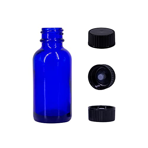 1 oz Cobalt Blue Glass Boston Round Bottles With Black Ribbed Cap - Pack of 24 by U/B - Image 2