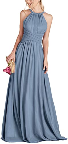 N/ C Damen Neckholder Brautjungfernkleid Plissee Ärmellos A-Linie Lang Formal Abendkleid, dusty blue, 56