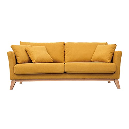Miliboo Canapé scandinave déhoussable 3 Places en Tissu Effet Velours Jaune Moutarde et Bois...