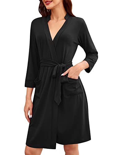 Image of Anyhold Women's Robe Short Knit Bathrobe Lightweight Soft Sleepwear with Pockets V-neck Casual Ladies Loungewear Medium, Black