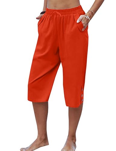 Womens Casual Capri Pants Elastic Waist Solid Color Pants