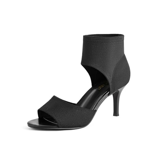 Image of Peep Toe Heels for Women Sexy 3 Inches Stiletto Heeled Sandals for Women Open Toe Wide Stretchy Knit Heel Sandal Booties Slip On Comfortable Dressy Shoes for Prom, Party and Work
