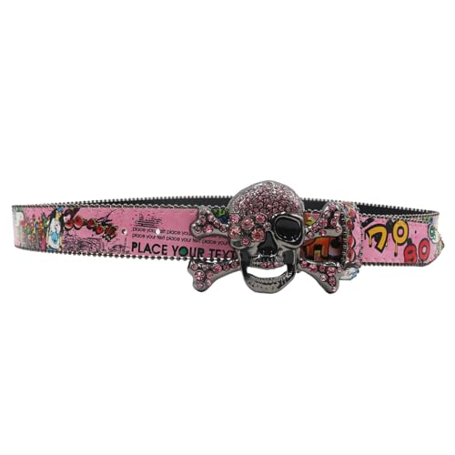 Graffiti Pattern Western Belt for Women Men, Shining Skull Head Rhinestones Studded Wide Buckle Punk Waist Strap(115cm/45, Pink)4