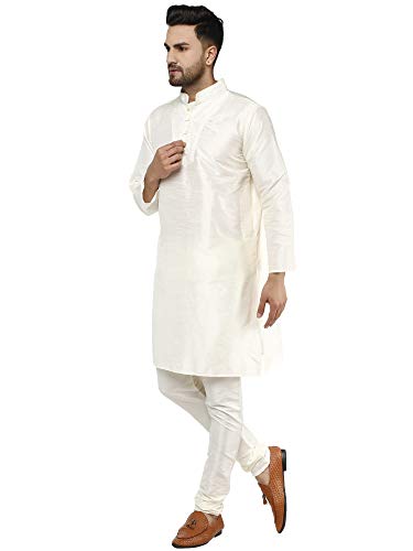 Image of SKAVIJ Men's Dupion Silk Embroidered Kurta Pajama Mandarin Collar Ethnic Motifs Festive Party Dress