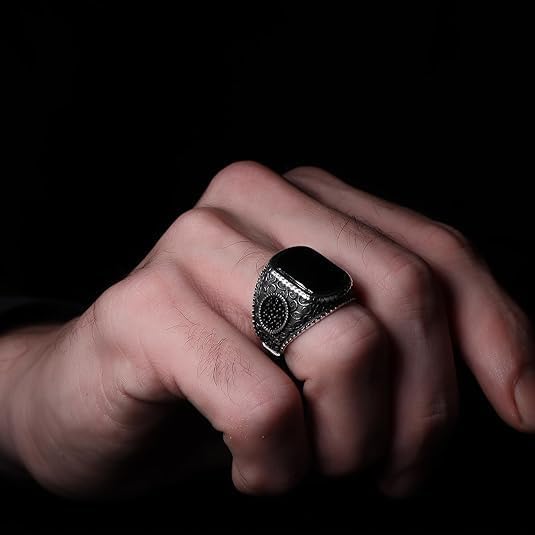 925 Sterling Silver Genuine Black Onyx Stone Mens Silver Ring with Micro Zircon Stones Silver Signet Ring for Men Handmade Engraved Silver Men Rings Sterling Silver Pinky Ring Gift for Men Gift for Dad3