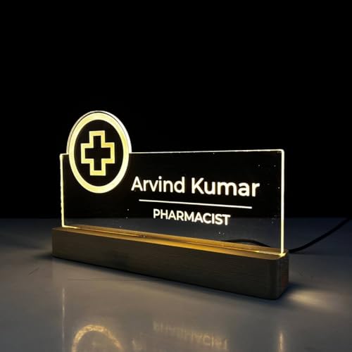 Image of Customized LED Name Plate for Office Desk Table Name Sign Birthday Gift For Doctor Pharmacist Drug Shop Medical Store Size (10 x 6 inch) (For Pharmacist)