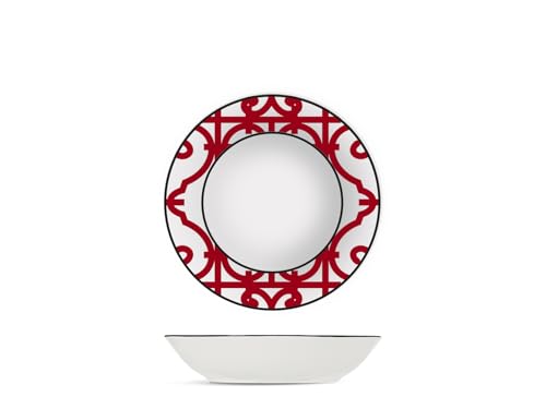 H&H by Bruno Barbieri, Collection Nomad Lot de 6 assiettes creuses Diamètre 20 cm, motif ethnique, bord noir, en porcelaine, lavables au lave-vaisselle et...