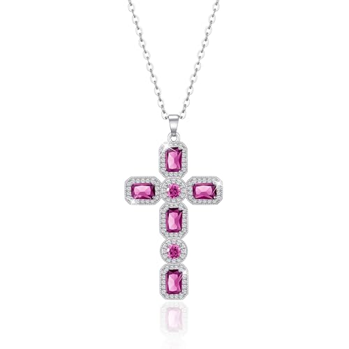 Linawe Collier croix en argent, chaîne croisée, chaîne en argent, femme, pendentif en diamant rose rose, collier pierre de naissance en cristal avec pendentif en...