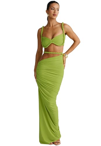 Women's Two Piece Skirt Sets Summer Beach Sexy Ruched Backless Cami Top And Cut Out Skirt Night Out Dress2
