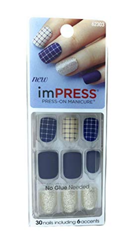 Kiss imPress Press-On Matte Navy Blue Nails # 62303 Bells & Whistles (Plaid Design)