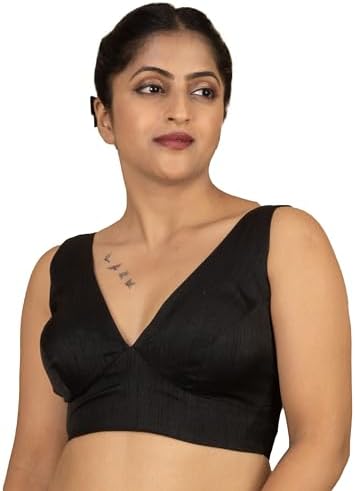 FIGURE'S DESIGNER Women's Dupion Raw Silk Sleeveless V Neck Sabyasachi Cut Readymade Saree Blouse Padded Stitched Lining Designer Indian Festive Blouse | S4