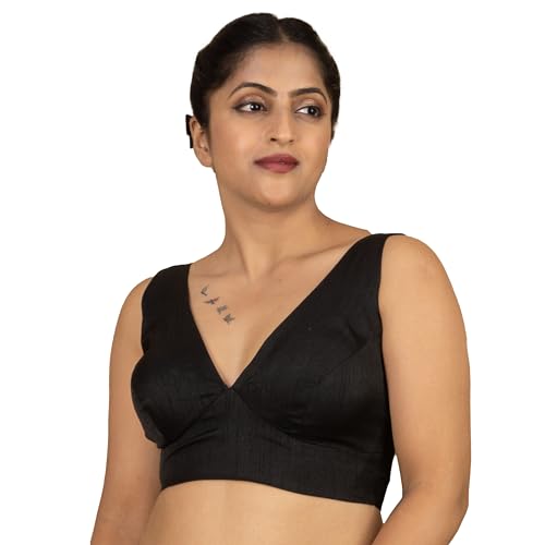 Image of FIGURE'S DESIGNER Women's Dupion Raw Silk Sleeveless V Neck Sabyasachi Cut Readymade Saree Blouse Padded Stitched S4