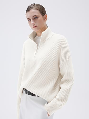 Image of SUUKSESS Women Cashmere Blend Oversized Quarter Zip Pullover Sweater Long Sleeve Collared Ribbed Knit Jumper Tops