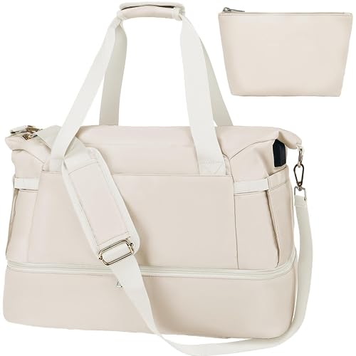 Image of Leaper Sports Duffel Bag with Charging Port, Travel Duffle Weekender Overnight Gym Bag for Women with Wet Pocket and Shoes Compartment, Yoga Crossbody Handbag Beige
