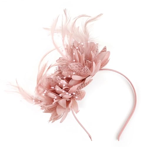 YSDINK Serre-tête bibi tendance pour femme avec plumes, maille et fleurs, accessoires de coiffure pour dames pour mariages, fêtes, thé de jardin, fête d'anniversaire, usage quotidien, rose, 1