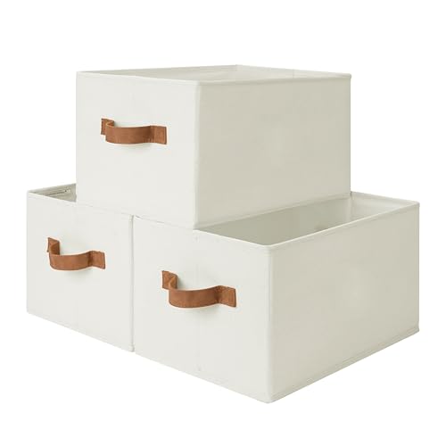 StorageWorks Closet Organizers and Storage Bins, Foldable Shelf Baskets, Clothes Storage Basket for Organization, Ivory White, 3-Pack, Large