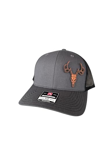 BUBBLEHEAD INK Handmade Adjustable Snapback Hat, Deer Hunting Gifts For Men, Dad, Grandpa, Father's Day, Birthday, Gift, Antler, Hunting Trucker Hat, Blue Collar, Baseball Cap, Headwear (Deer Head Hat, RawhidePatch-Charcoal/Blk Hat) (Deer Skull Side)