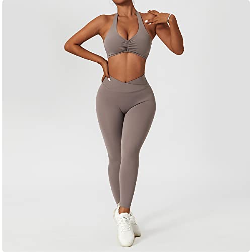 Meladyan Women’s Workout Pad Sports Bras Open Back Halter V Neck Ruched Bralettes Slim Fit Low Impact Bra Yoga Crop Tank Top Purple-Grey #TOP4